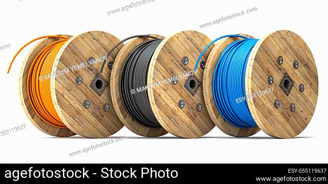 Wire electric cable of different colors on wooden coil or spool isolated on white background. 3d illustration