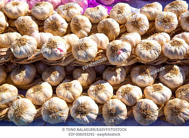 Garlic bunches stacked in a row at Spain