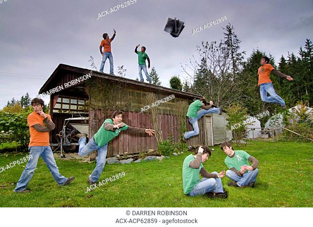 Young man has some multiplicity fun in his back yard in this composite image taken near Powell River, British Columbia, Canada