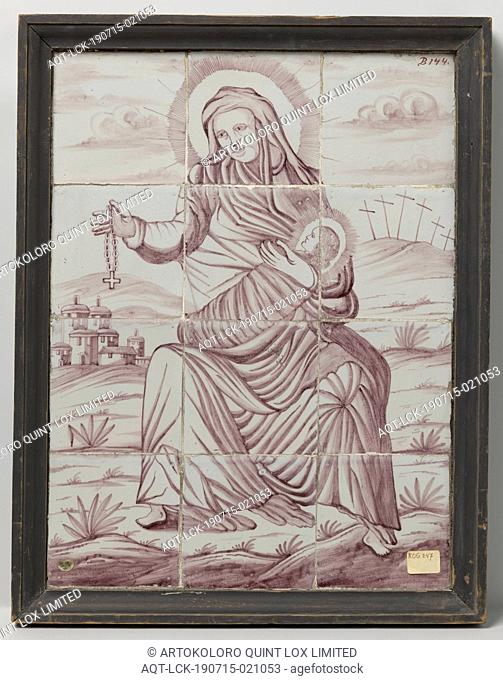 Tile panel of twelve tiles, Tile panel of 12 tiles (4 x 3) with a purple painted biblical representation of Mary with child