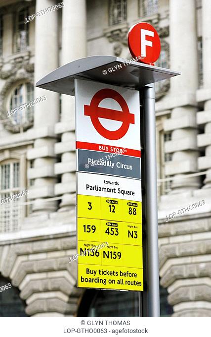 England, London, Piccadilly Circus, Bus stop sign at Piccadilly Circus in London