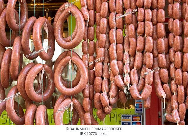 Turkey Kusadasi southern agean coast butcher with outdoor sausages