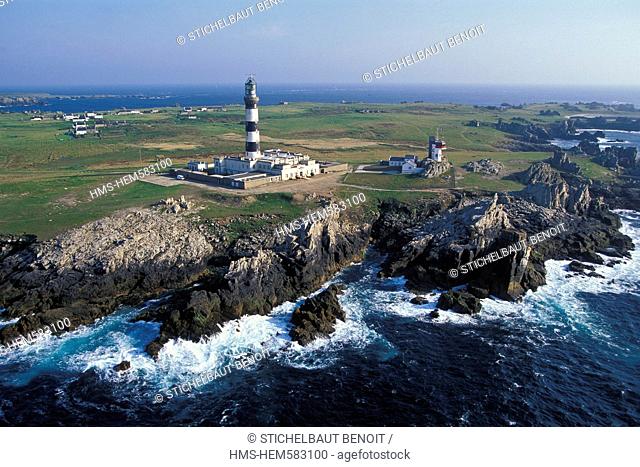 France, Finistere, Ile d'Ouessant, Creach lighthouse, the most powerful lighthouse in Europe, classified as historical monuments aerial view