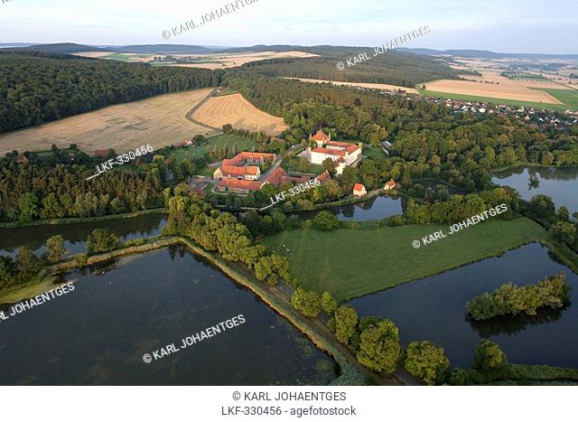 Aerial view of Derneburg Castle, former monastery, once home to artist Georg Baselitz, Holle, Hildesheim, Lower Saxony, Germany