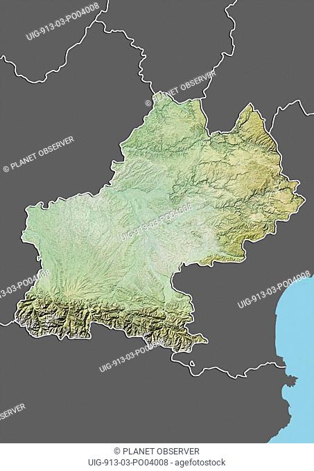 Relief map of Midi-Pyrenees, France. This image was compiled from data acquired by LANDSAT 5 & 7 satellites combined with elevation data
