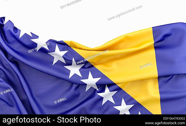 Flag of Bosnia and Herzegovina isolated on white background with copy space above. 3D rendering