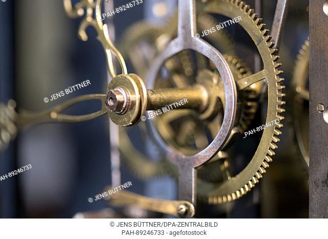 The details of a 100 year old historical Skeleton clock can be seen in the workshop of 78 year old clockmaker Guenter Klein in Rehna, Germany, 22 March 2017