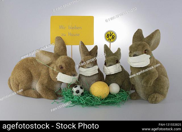 firo: 06.04.2020 Easter 2020, Easter bunnies with face mask and BVB, Borussia Dortmund, BVB, logo Fuvuball is canceled and all fans have to stay at home Easter...