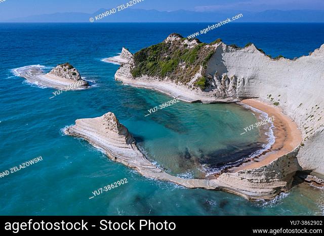Aerial view of Akra Drastis - Cape Drastis, northwesternmost point of Corfu island, Ionian Island in Greece
