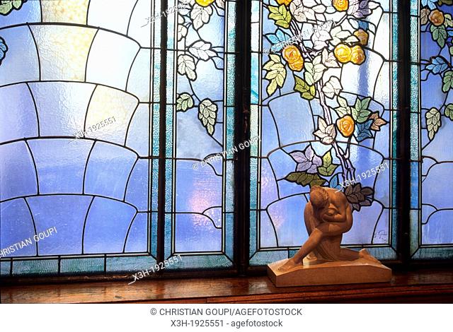 Art Nouveau stained-glass window by Jacques Gruber, Musee de l'Ecole de Nancy, Art Nouveau museum, Nancy, Meurthe-et-Moselle department, Lorraine region, France