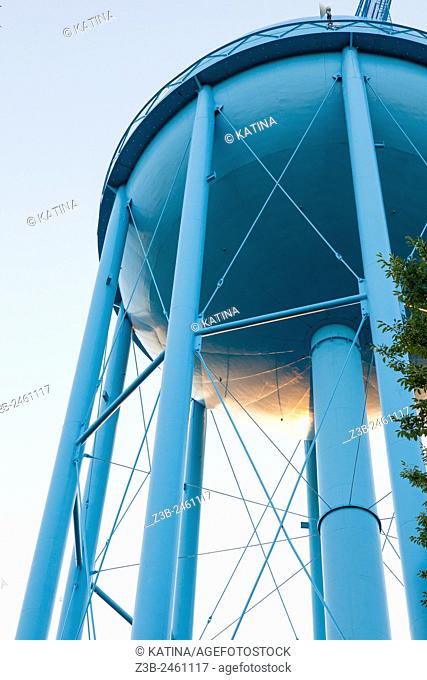 Blue water tower seen from below, Midland, Michigan, Midwest, USA