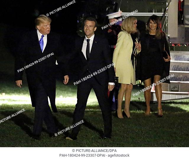 United States President Donald J. Trump and Melania Trump return to the South Lawn with President Emmanuel Macron of France and his wife, Brigitte Macron