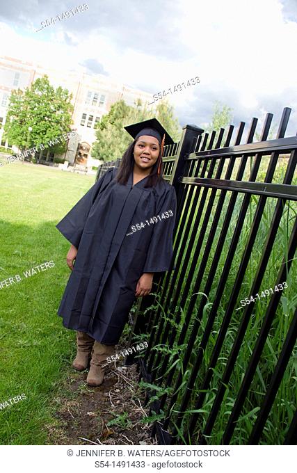 A young female African-American graduate in Spokane, Washington, USA
