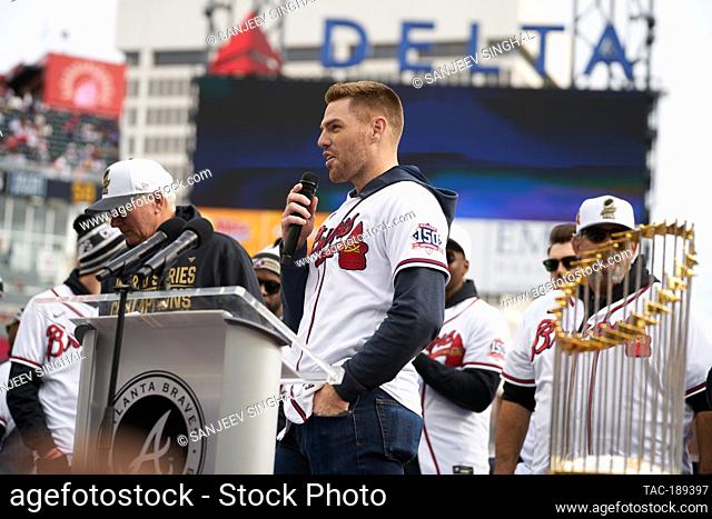 First Baseman Freddie Freeman addresses fans at a ceremony after a parade to celebrate the World Series Championship for the Atlanta Braves at Truist Park in...