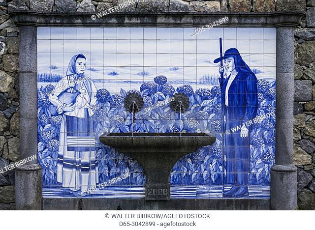 Portugal, Azores, Sao Miguel Island, Furnas, azulejo tile fountain