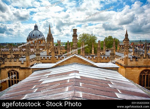 The view from the cupola of Sheldonian Theatre to the Bodleian Library and the dome of the Radcliffe Camera. Oxford University. Oxford. England