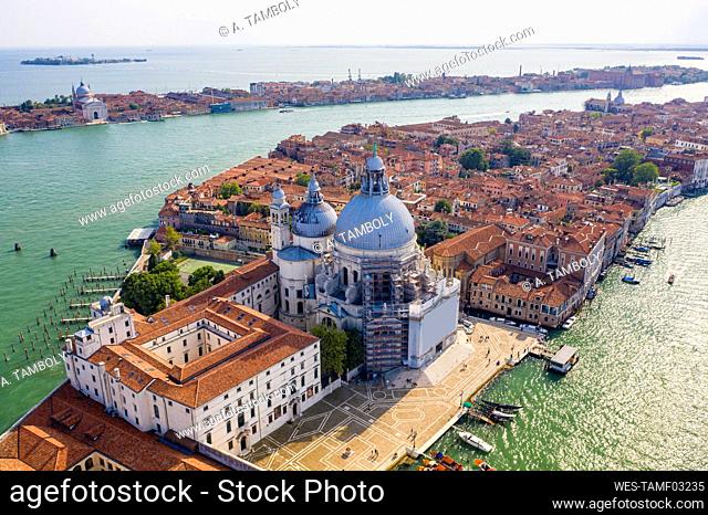 Italy, Veneto, Venice, Aerial view of Grand Canal and Santa Maria Della Salute basilica