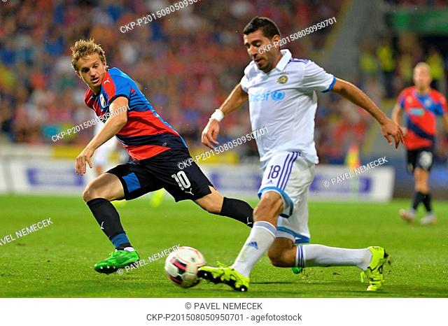 Eytan Tibi of Maccabi Tel Aviv, right, and Jan Kopic of Plzen in action during the third qualifying round of the Champions League return match between FC...