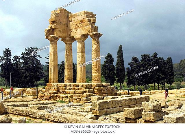 Ancient Greek Temple of Castor and Pollux Dioscuri Valley of the Temples Agrigento archaeological site Sicily Italy