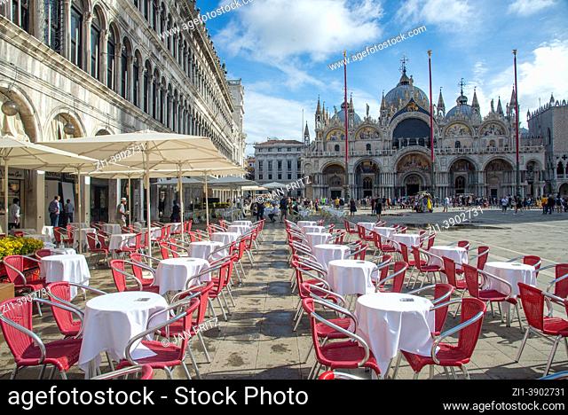 San Marco square with empy terraces caused by corona pandemic, Venice, Italy