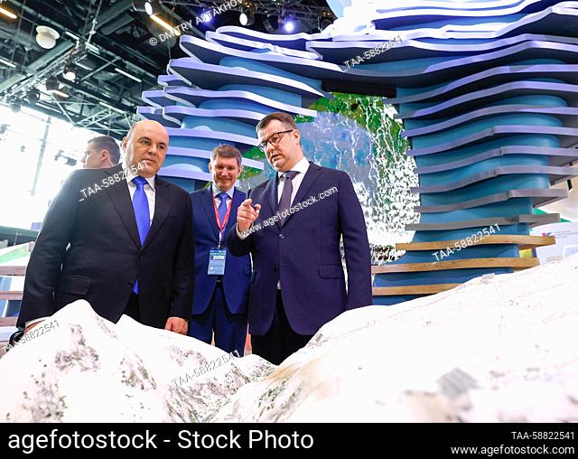 RUSSIA, MINERALNYE VODY - MAY 3, 2023: Russia's Prime Minister Mikhail Mishustin and Kavkaz.RF General Director Andrei Yumshanov (L-R front) attend the Caucasus...