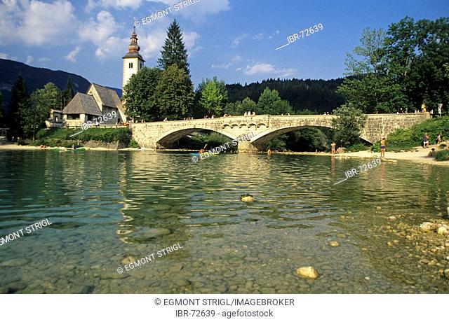 Church and bridge in Ribcev Laz, Bohinj Lake, Triglav National Park, region Gorenjska, Slovenia