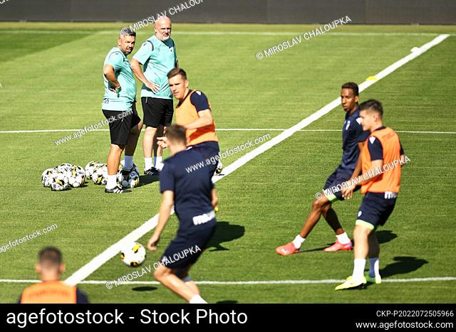 From left Coach Assistant Pavel Horvath and Head Coach of Viktoria Plzen Michal Bilek in action during the training session prior to Football Champions League...