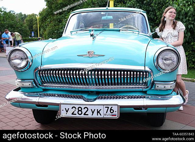 RUSSIA, MOSCOW - JULY 9, 2023: A GAZ-21 Volga car is on display during a vintage vehicle festival marking Moscow Public Transport Day on Sparrow Hills