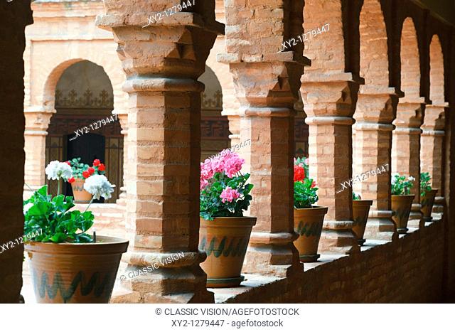 The cloister in the Mudejar style at La Rabida Monastery, Palos de la Frontera, Huelva Province, Spain
