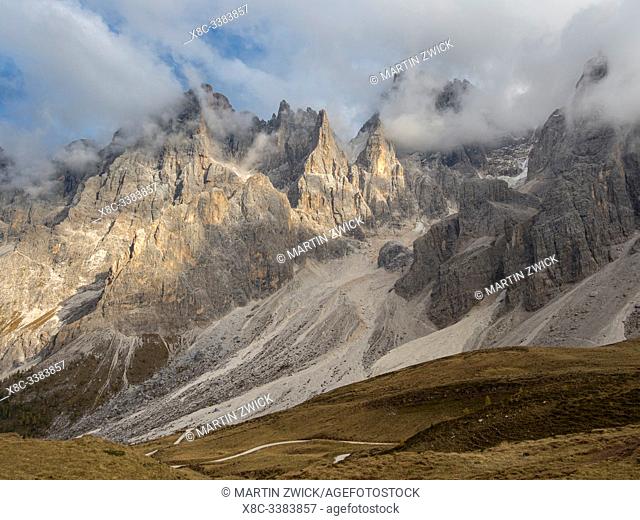 Peaks towering over Val Venegia seen from Passo Costazza. Pala mountain range (Pale di San Martino) in the dolomites of Trentino