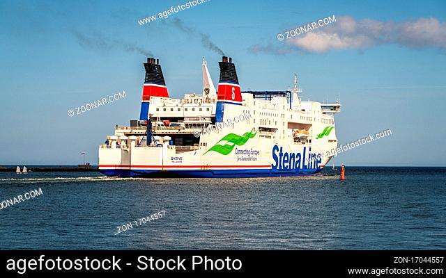 Rostock, Mecklenburg-Western Pomerania, Germany - June 14, 2020: A Stena line ferry leaving Warnemuende on the way to Trelleborg