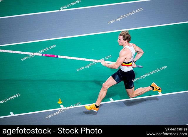 Belgian Ben Broeders pictured in action during the qualifications for the men's pole vault competition at the 37th edition of the European Athletics Indoor...