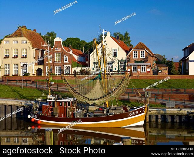 Houses at Greetsiel harbor, East Frisia, Lower Saxony, Germany