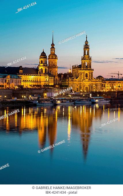 Cityscape with Elbe, Ständehaus, Hausmannsturm and Dresden Cathedral, Dresden, Saxony, Germany