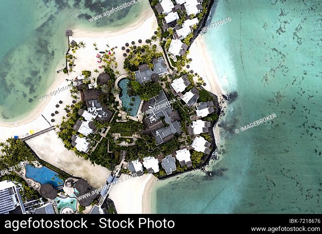 Aerial view, bay near Grand Port, Hotel Shangri-la le Touessrok, ile Chat, il aux Cerfs, Flacq, Mauritius, Africa