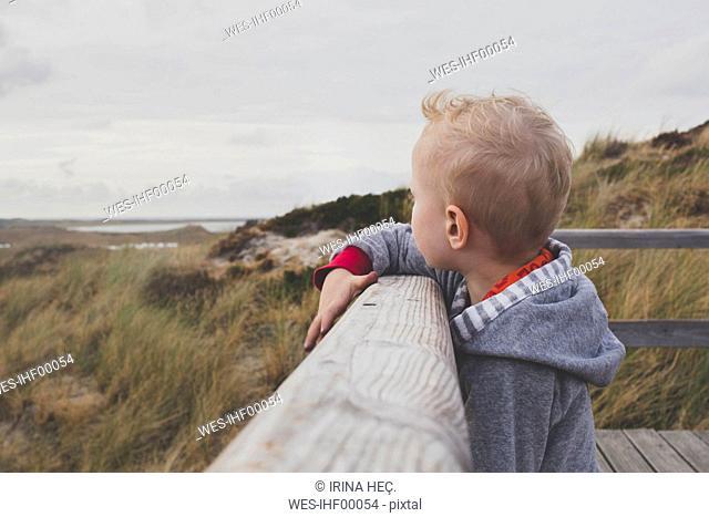 Blond little boy looking at the dunes, Sylt, Germany