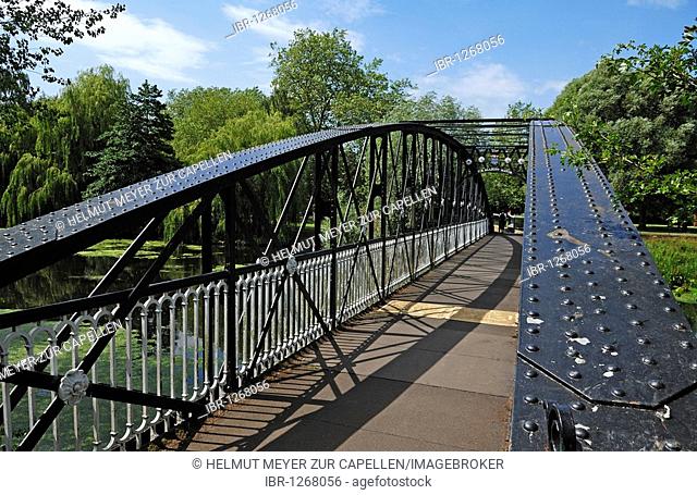Andresey Bridge, an iron bridge over the River Trent built in 1884, in the park of Burton upon Trent, Staffordshire, England, Europe