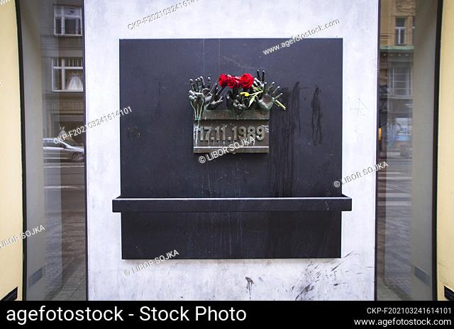 The memorial plaque marking the November 17, 1989, events leading to the fall of communism on the facade of Baroque Classicist Schirding palace (Kanka House) in...