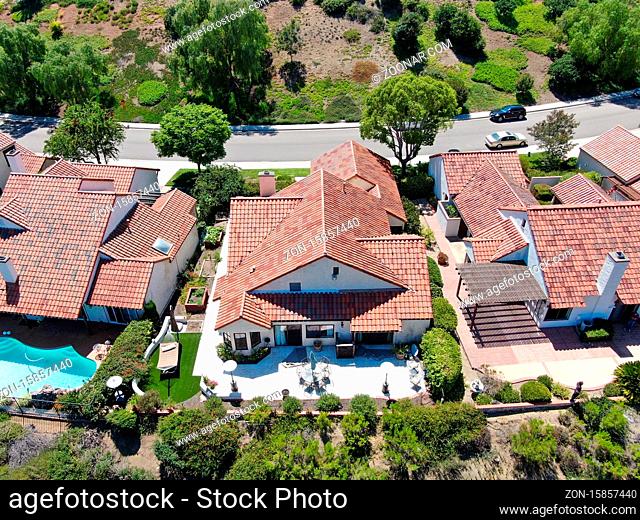 Aerial view of residential neighborhood in green valley, Rancho Bernardo, San Diego County, California. USA. July 18th 2020