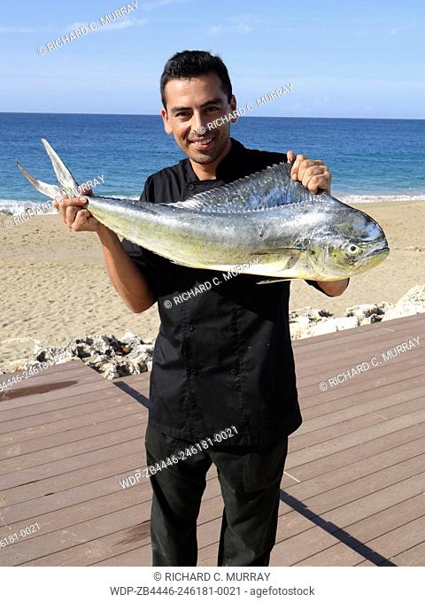 Executive Chef/Partner Giancarlo Fiori Holding a Mahi-Mahi Fish (Coryphaena hippurus) a.k.a. Common Dolphinfish or Dorado at Baia Lounge The Ocean Club...