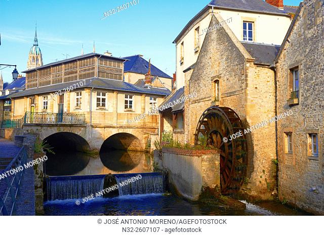Bayeux, Water mill, Old Town, River Aure, Normandy, Calvados, Région Basse-Normandie, France, Europe