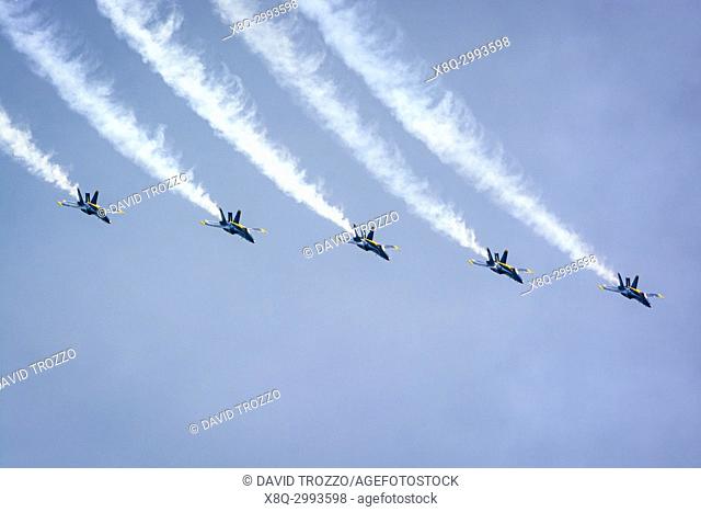 The United States Navy precision flying team, the Blue Angles perform over the skies of Annapolis, Maryland