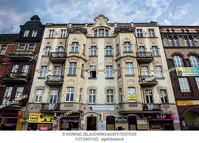 Tenement house on Adam Mickiewicz Street in downtown of Katowice city, the center of the Silesian Metropolis in southwestern Poland