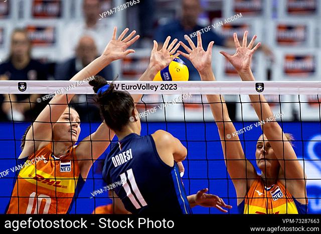 Dutch Sarah Van Aalen, Italy's Anna Danesi and Dutch Marrit Jasper pictured in action during a volleyball game between Italy and The Netherlands