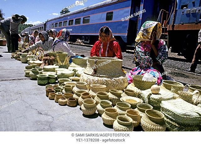 Tarahumaran women selling handcrafts at the railway station in Divisadero, Chihuahua, Mexico
