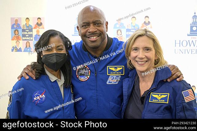 NASA astronaut Stephanie Wilson, left, and former NASA astronauts Leland Melvin and Susan Kilrain pose for a photograph prior to the screening of the NASA...