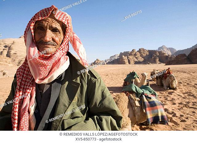 Jordan, Wadi Rum Desert Bedouin, dromedaries and lanscape