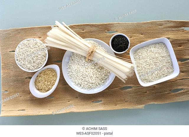 Varieties of rice and rice noodles, overhead view, close-up