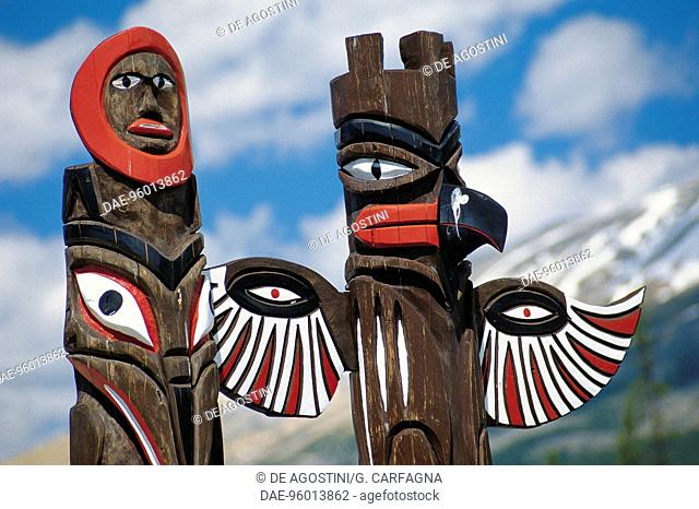 Indian totems, Ksan Historical Village and Museum, near Hazelton, British Columbia, Canada. Detail