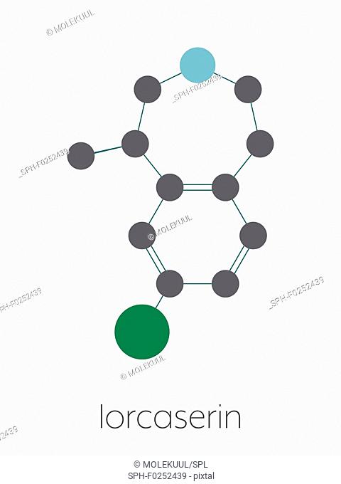 Lorcaserin obesity drug molecule. Stylized skeletal formula (chemical structure). Atoms are shown as color-coded circles connected by thin bonds